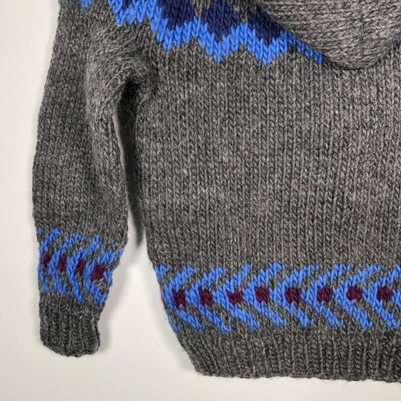 Women's Hand Knit Chunky Heavy Weight Fairisle Hooded Sweater Gray Blue … - Picture 7 of 11